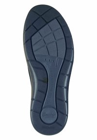 Navy rubber shoe sole featuring a textured tread pattern with grooves for traction. Includes "SHOCK ABSORBING SYSTEM" and a circular logo.