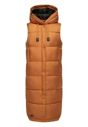 Ärmlös vadderad väst i bränd orange, med huva, sidofickor och knäppning. Slät yta med kviltad design.