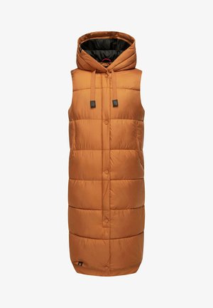 Gilet imbottito senza maniche di colore arancione bruciato, con cappuccio, tasche laterali e chiusura a bottoni. Texture liscia con design trapuntato.