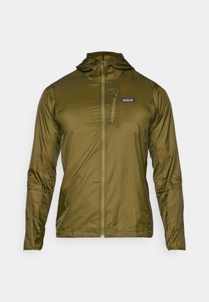 Olive green lightweight jacket with a hood, featuring a front zipper and a small chest pocket with a logo patch. Smooth, shiny texture.