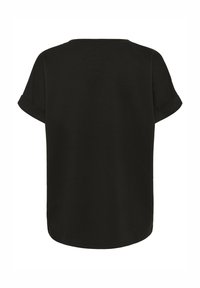 Juodas trumpas rankovės marškinėliai su apvaliu iškirpimu, kreivu apdaila ir suktomis rankovėmis. Pagaminta iš minkštos medžiagos su lygia tekstūra.