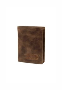 Brown leather wallet with textured surface, stitched edges, and a small branded label. Bi-fold design for compact storage.
