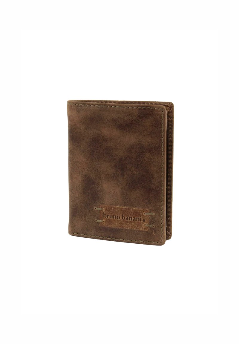 Brown leather wallet with textured surface, stitched edges, and a small branded label. Bi-fold design for compact storage.