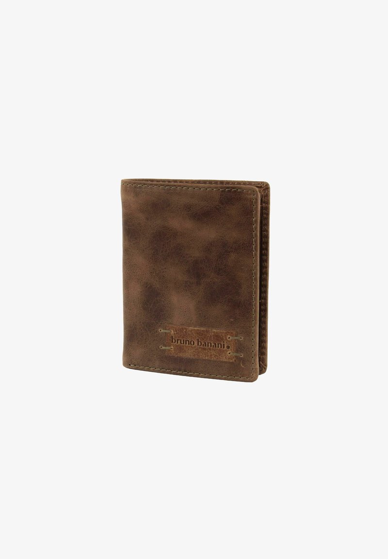 Brown leather wallet with textured surface, stitched edges, and a small branded label. Bi-fold design for compact storage.