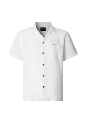 Camicia bianca a maniche corte con bottoni marroni e una piccola tasca frontale su uno sfondo bianco semplice.