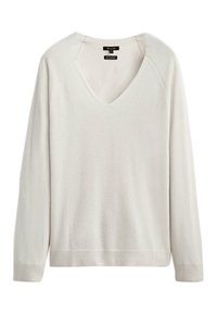 Pull femme à col en V blanc à manches longues, avec des poignets et un ourlet côtelés, fabriqué en tissu tricoté doux.