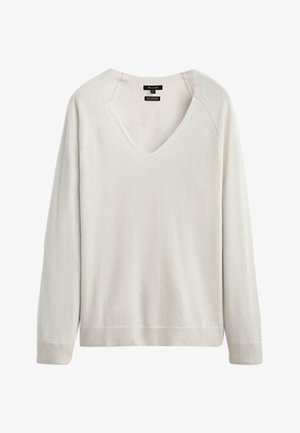 Weißer V-Ausschnitt langärmeliger Damenpullover mit gerippten Bündchen und Saum, aus weichem Strickstoff gefertigt.