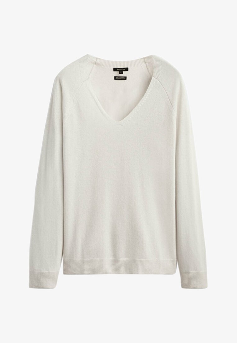 Pull femme à col en V blanc à manches longues, avec des poignets et un ourlet côtelés, fabriqué en tissu tricoté doux.