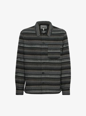 Herren-Hemd mit Knopfleiste, das ein gestreiftes Muster in Schwarz, Grau und Braun aufweist. Hergestellt aus einem strukturierten Stoff und mit einer Brusttasche.