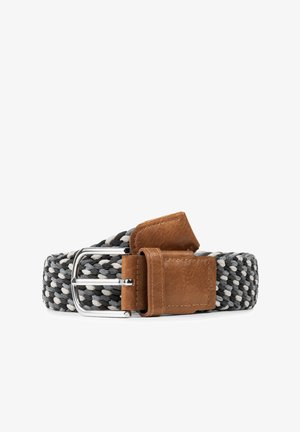 Woven belt featuring a gray, white, and black pattern with a brown leather holder and silver metal buckle. Textured surface and flexible design.