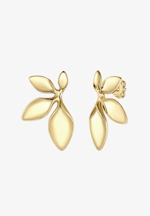 Ohrstecker in Goldoptik, die die Form von Blättern haben, mit glatten, geschwungenen Flächen, einer polierten Oberfläche und blattähnlichen Akzenten auf jedem Stück.