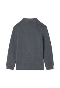 Polo shirt a maniche lunghe grigio scuro disteso, mostrando il retro con colletto e polsini a costine, su uno sfondo bianco.
