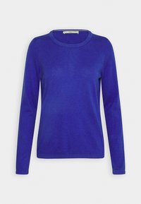 Pull à manches longues avec col rond en bleu royal vif uni, avec poignets et ourlet côtelés, présenté sur un fond blanc uni.