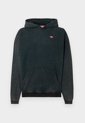 Sweat à capuche bleu foncé en tissu doux, avec une poche kangourou à l'avant, des poignets côtelés et un petit logo "DIESEL" rouge sur la poitrine.