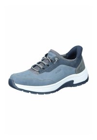 Grey leather sneaker with white midsole, rounded toe, and navy accents. Features elastic laces and a padded collar for comfort.