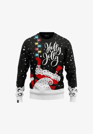 Black sweater featuring white snowflakes, "Holly Jolly" text, red Santa design, and colorful light patterns. Ribbed cuffs and hem.