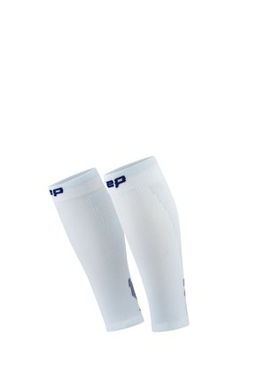 Pair of white elastic calf compression sleeves with blue logo text near the top edges on a white background.