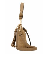 Borsa a tracolla in pelle beige con finitura texturizzata, dotata di tracolla removibile, hardware dorato e silhouette strutturata.