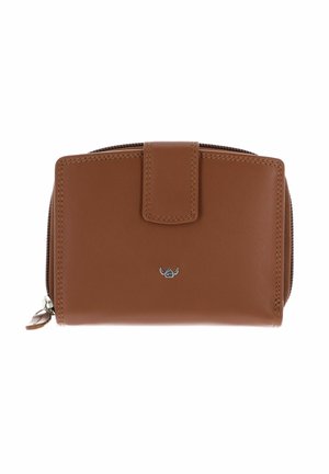 Portefeuille compact en cuir marron avec fermeture à pression à l'avant, poche latérale zippée et petit logo métallique centré sous le rabat à pression.