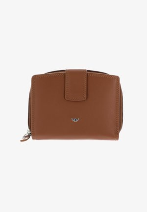 Portefeuille compact en cuir marron avec fermeture à pression à l'avant, poche latérale zippée et petit logo métallique centré sous le rabat à pression.