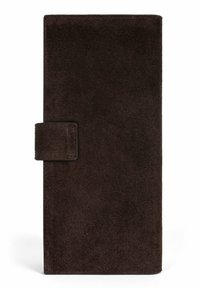 Donkerbruine suède portemonnee met een gladde textuur, een overslagontwerp en een rechthoekige vorm. Voorzien van een eenvoudige klepsluiting.
