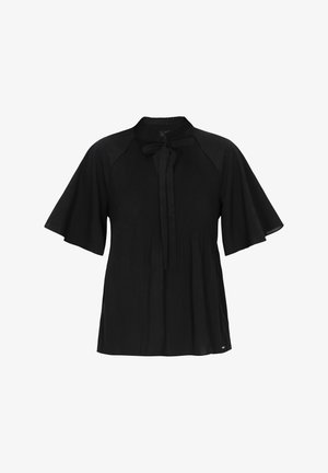 Sorte bluse med korte flagrende ærmer, rund halsudskæring og bindebånd foran. Har lodret ribbet tekstur og løs pasform.