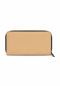 Cartera de cuero beige con una textura suave y cremallera negra. Forma rectangular con esquinas redondeadas y detalles de costura en contraste.