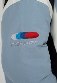 Tissu bleu avec des ovales superposés brodés en gris, turquoise, marine et rouge au-dessus du mot "INTERDIT" en fil gris.