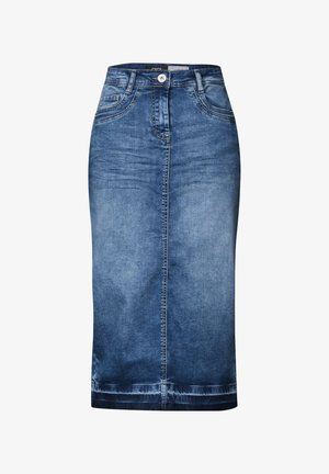 Jupe crayon en denim bleu moyen, avec poches avant, fermeture à boutons et une coupe ajustée avec un ourlet à hauteur de genoux.