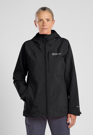 Black waterproof jacket with a hood, front zip closure, and zipper pocket. Features the logo on the chest and adjustable cuffs.