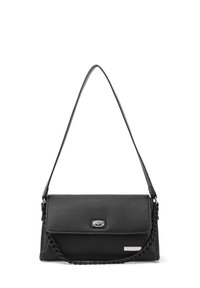 Borsa a spalla in pelle nera con finitura testurizzata, forma rettangolare, una tracolla regolabile e dettaglio in catena. Il particolare hardware in argento presenta una chiusura.