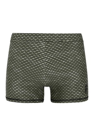Groene zwemshorts met een geometrisch patroon en een zwarte tailleband. De stof is glad met een aansluitende pasvorm en contrasterende stiksels.