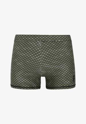Green patterned swim shorts featuring a geometric design and a black waistband. Fabric is smooth with a fitted shape and contrasting stitching.