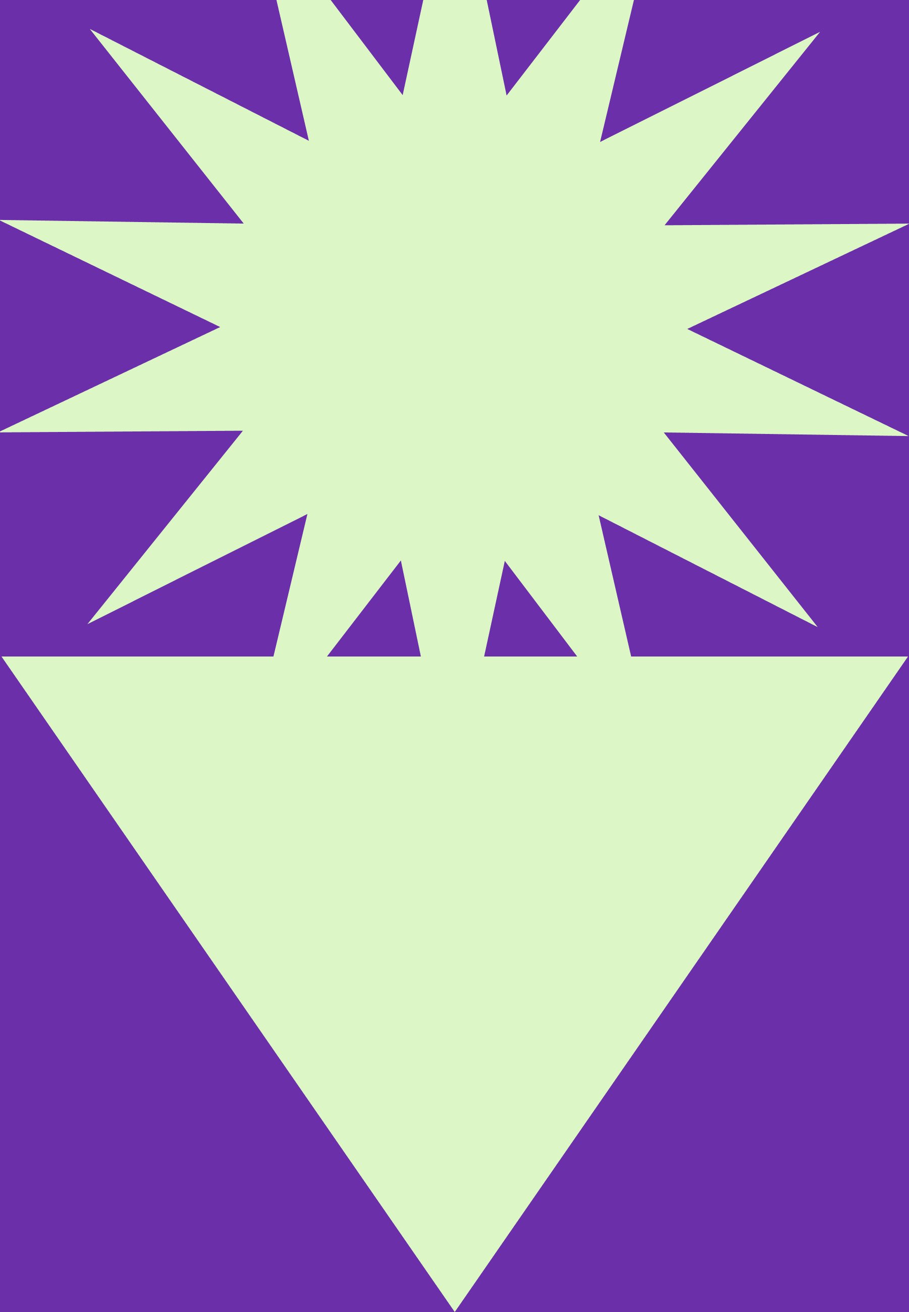 Geometric abstract design featuring a light green starburst on a purple background, with sharp, angular shapes and a triangular base.