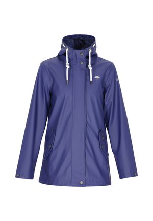 Ljubičasta kišna jakna od vodootpornog materijala, s kapuljačom, bijelim vezicama, zakovica i dva bočna džepa.