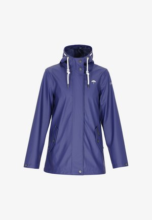 Ljubičasta kišna jakna od vodootpornog materijala, s kapuljačom, bijelim vezicama, zakovica i dva bočna džepa.