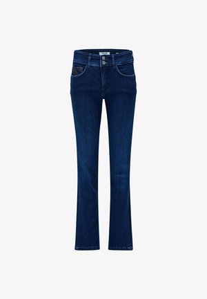 Vaqueros de denim azul oscuro, de tiro medio. Presentan un ajuste slim, diseño de pierna recta, dos bolsillos frontales y costuras decorativas en la cinturilla.