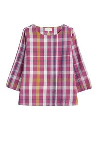 Checkered top in pink, yellow, and white, featuring a round neckline and three-quarter sleeves, made from lightweight fabric.