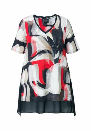 Túnica de manga corta con escote en V y un patrón abstracto de remolinos en rojo, negro, blanco y beige, con detalle de dobladillo negro translúcido.