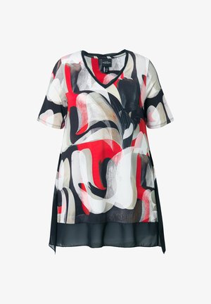 Tunika z krótkim rękawem i dekoltem w serek, z abstrakcyjnym wzorem wirujących czerwonych, czarnych, białych i beżowych barw oraz przezroczystym czarnym wykończeniem na dole.