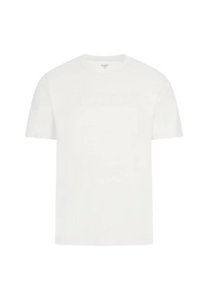 Biała bawełniana koszulka z okrągłym dekoltem i krótkimi rękawami, z subtelnym, wytłoczonym logo "GUESS" z przodu.