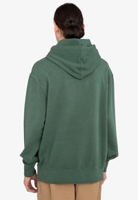 Sudadera verde de gran tamaño hecha de tejido suave, con una gran capucha, puños y dobladillo acanalados. Textura lisa sin patrones visibles.