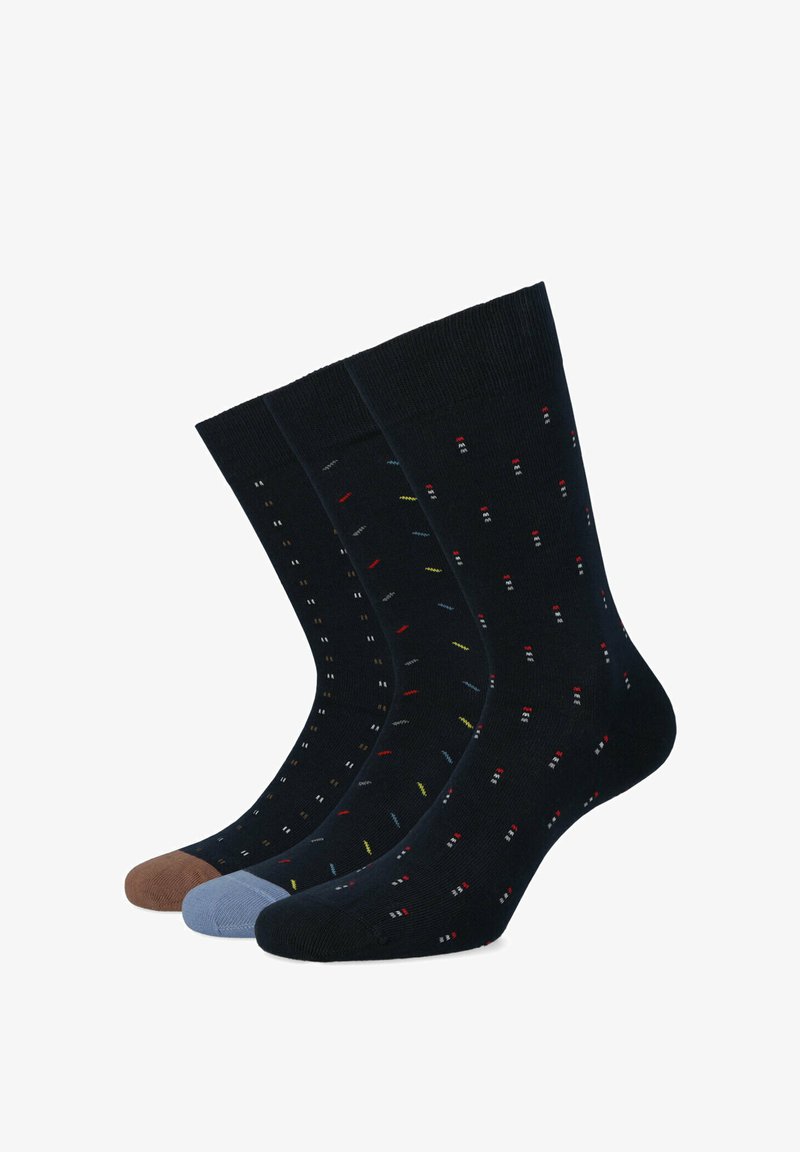 Trzy pary skarpet w ciemnych kolorach, z wzorem małych, wielokolorowych kropek. Materiał jest miękki, z ściągaczami i bezszwowym wykończeniem palców.