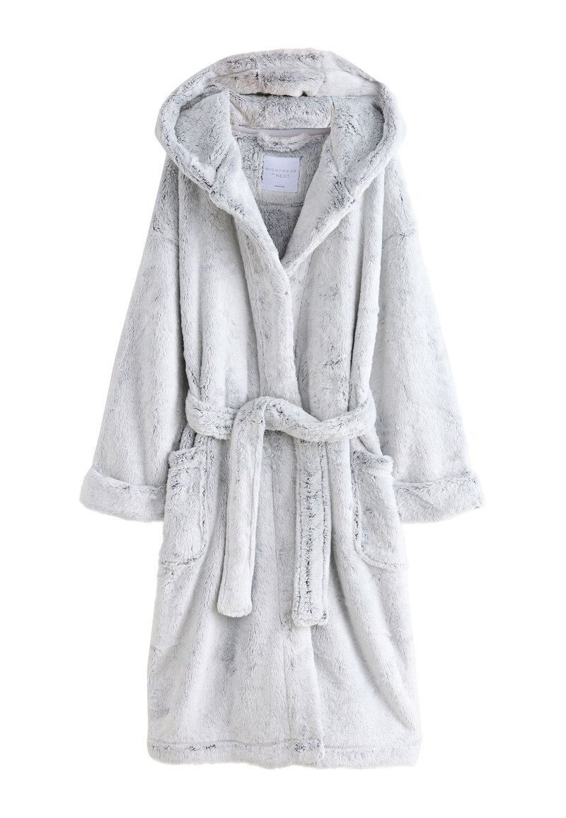 Accappatoio imbottito grigio chiaro con cappuccio, maniche lunghe, due tasche frontali e cintura abbinata. Tessuto morbido con una finitura leggermente pelosa.