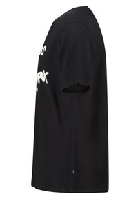 Black cotton T-shirt with short sleeves, featuring white graphic text on the front. Straight cut with a round neckline and a side tag.