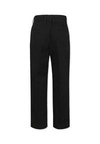 Pantaloni neri con design a gamba dritta, realizzati in cotone. Presenta due tasche posteriori e una vita con passanti per cintura. Texture liscia.