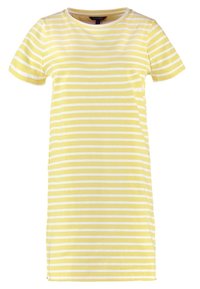 Keltainen ja valkoinen vaakaraitainen lyhythihainen mekko, jossa on pyöreä pääntie, polvenpituinen ja rento tyyli.