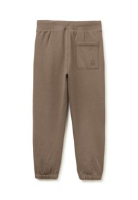 Braune Baumwoll-Sweatpants mit elastischem Bund, schmal zulaufenden Beinen und einer Gesäßtasche mit einem dezenten Logo. Weiche Textur, lässiges Design.