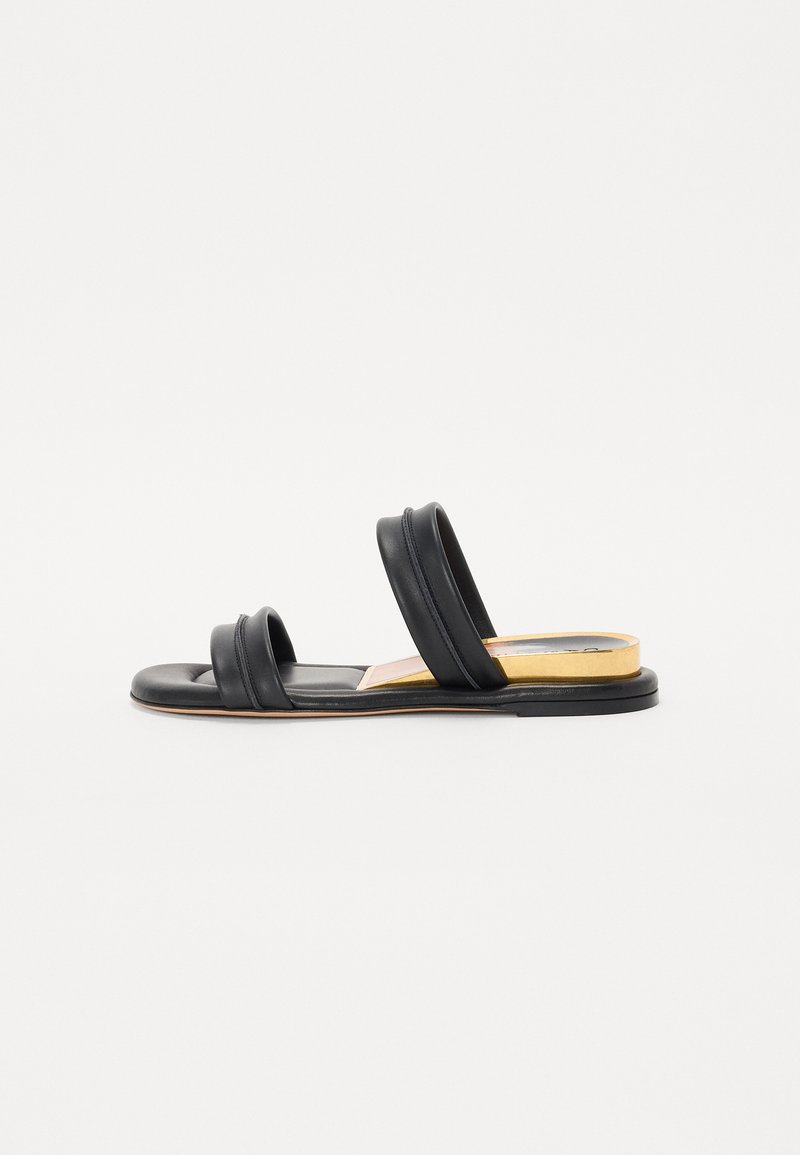 Sandalias de cuero negro con dos tiras anchas, suela plana y un sutil acento dorado en el talón. Diseño simple y minimalista.