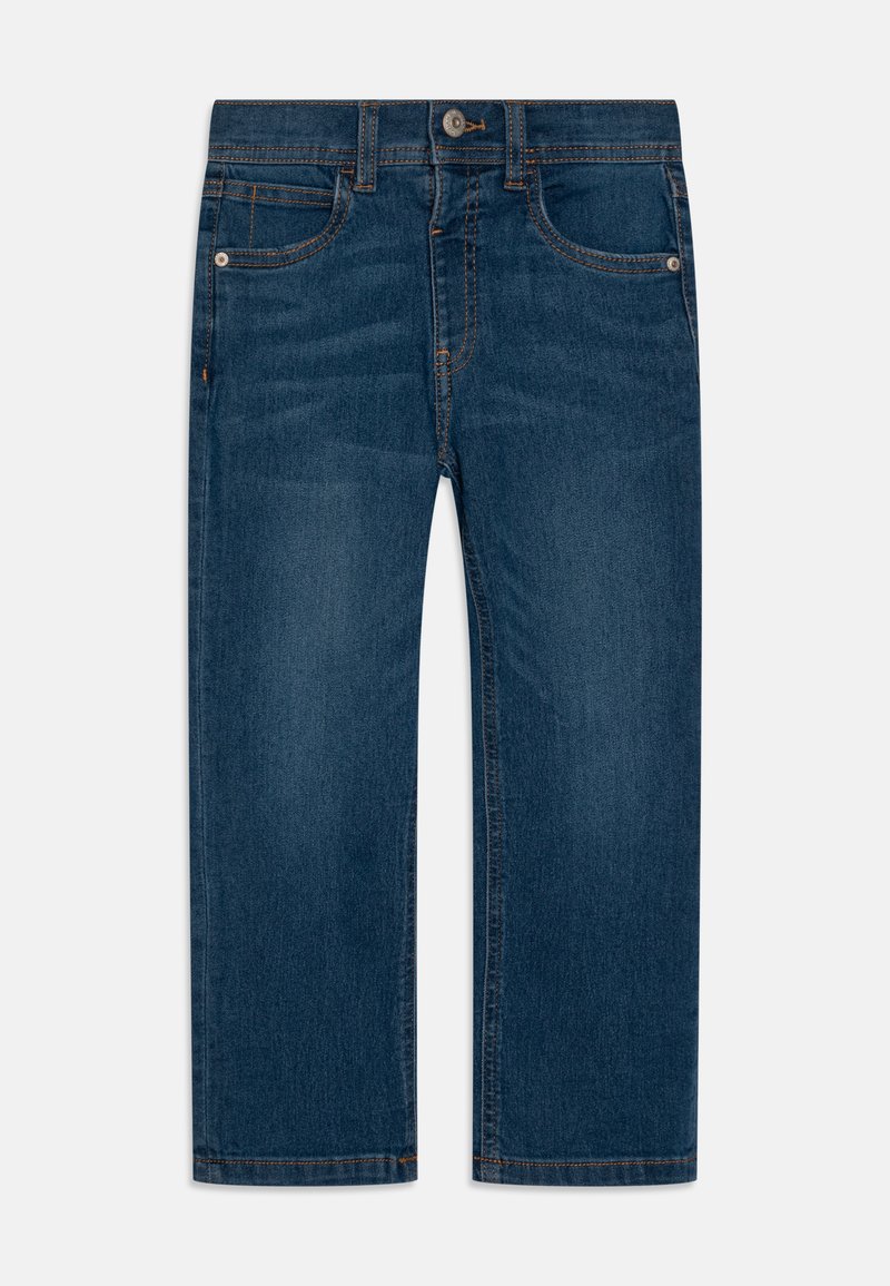 Jeans de ganga azul-escuro com corte recto, estilo de cinco bolsos, fecho com botão e detalhes em costura laranja. Textura suave, sem padrões visíveis.